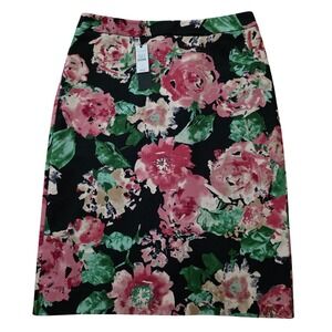 Talbots Floral Pencil Skirt Black Pink Green Womens 4 Knee Length Cottage Office